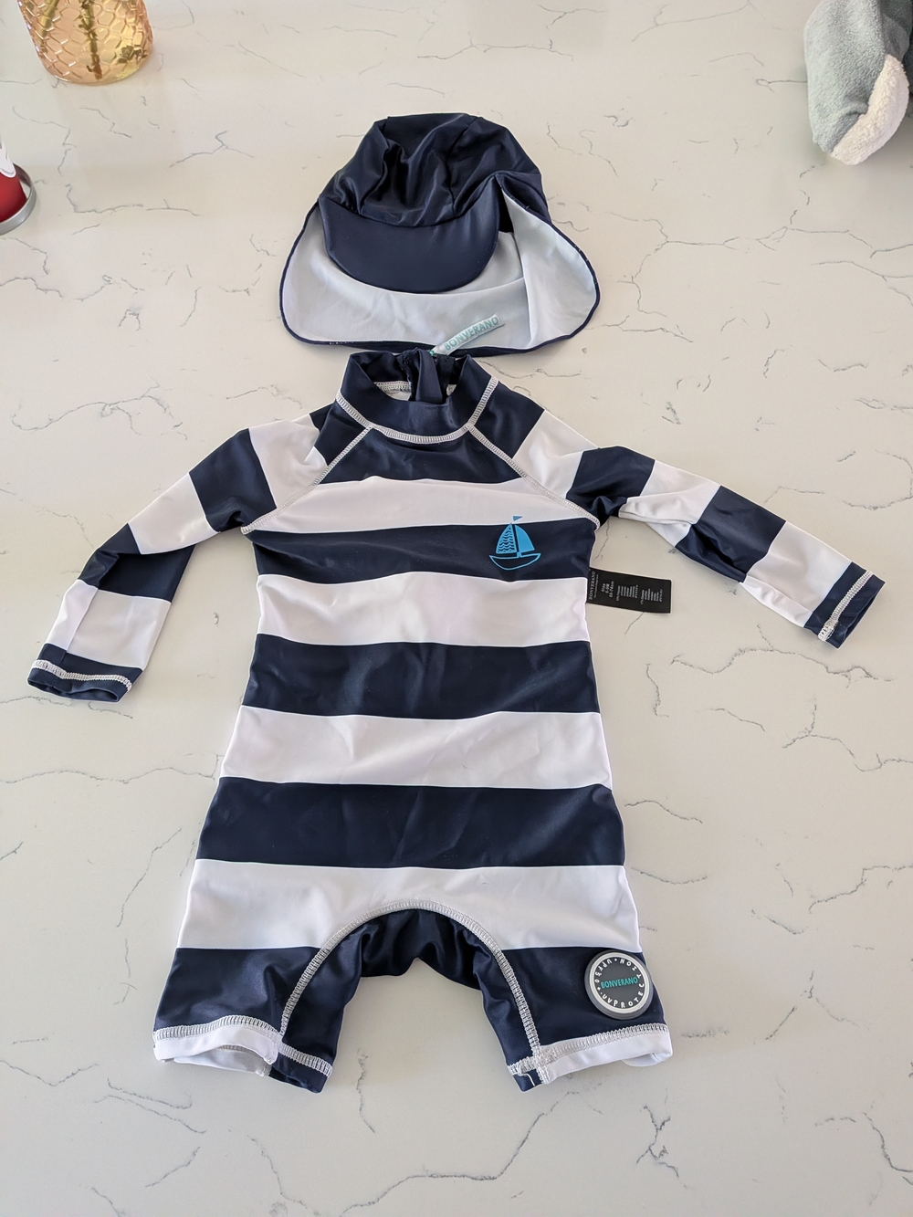 Nautical Stripe Kids Rashguard Swimsuit with Sun Hat - Navy & White